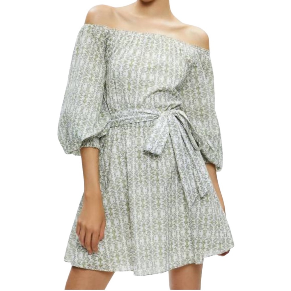ALICE + OLIVIA Mary Belted Dress Republic Geo Off Shoulder Cotton M NWT